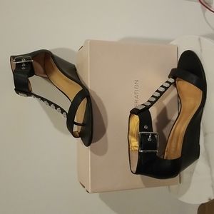 BCBGeneration Black Leather Wedge Sandals
